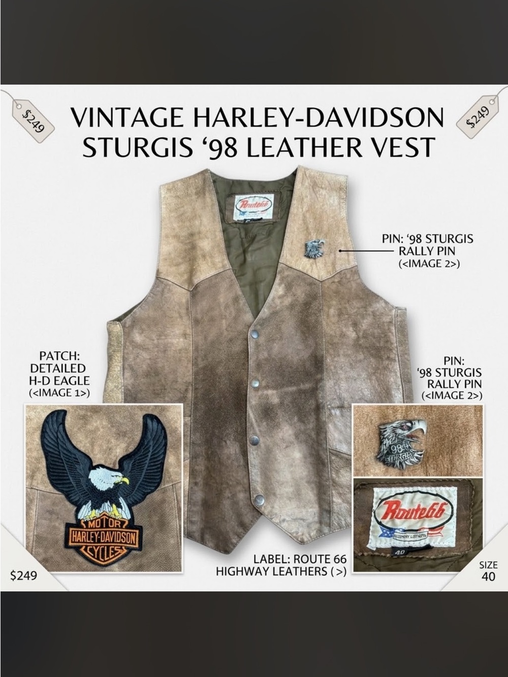 Vintage Route 66 Leather Vest w/ Harley-Davidson Eagle Patch & Sturgis ’98 Pin